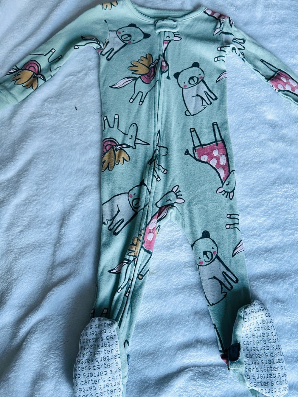 Carter's Mint Green Footed One-Piece Pajamas with Animal Print